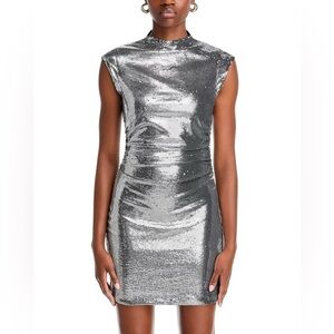 MICHAEL KORS Sleeveless Mock Neck Silver Ruched Silver Sequin Mini Dress Size XS
